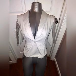 True Freedom Women's Junior Blazer Light Gray 3/4 Sheer Sequin Sleeves Sz Small